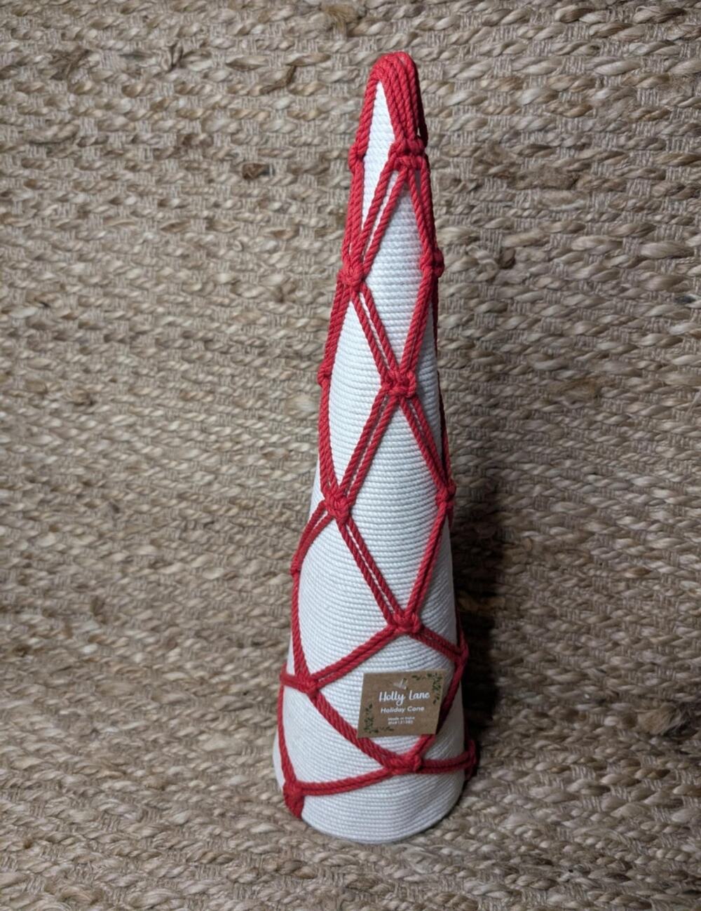 Holiday Lane Boho Festive Yarn Cone Christmas Tree Red White Tabletop Decor 19"